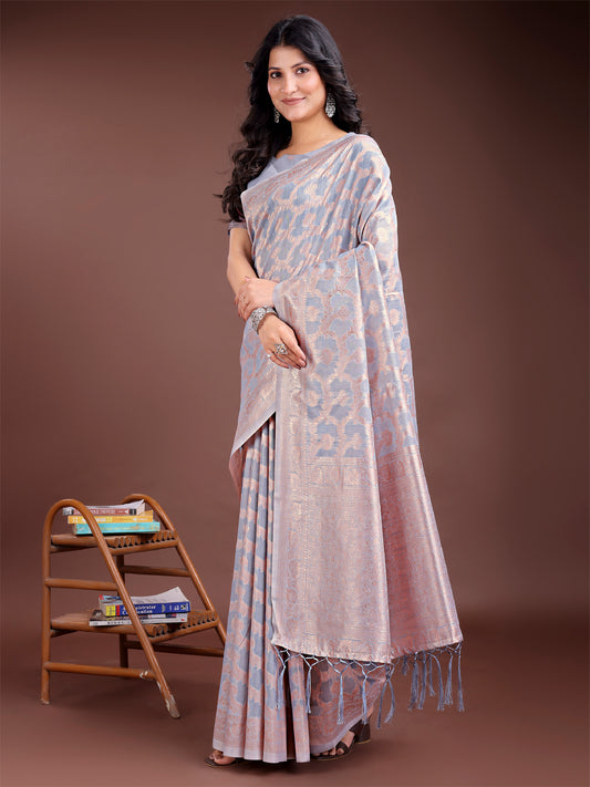 Astita Elegant Grey Linen Cotton Saree for Women – Soft Lightweight Saree with Subtle Self-Weave & Tassel Pallu