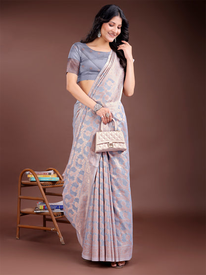 Astita Elegant Grey Linen Cotton Saree for Women – Soft Lightweight Saree with Subtle Self-Weave & Tassel Pallu