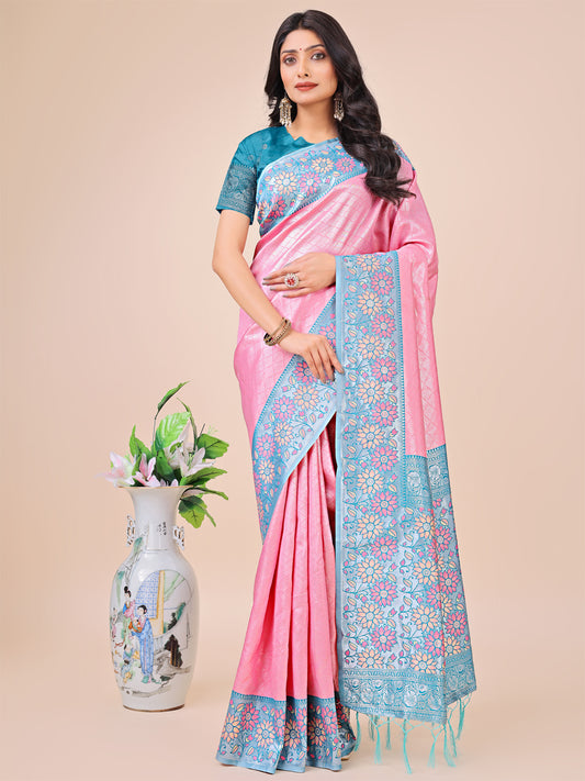 Premium Pink & Sky Blue Floral Woven Lichi Silk Saree with Rich Pallu & Tassels
