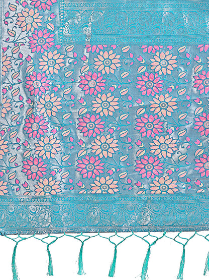 Premium Pink & Sky Blue Floral Woven Lichi Silk Saree with Rich Pallu & Tassels