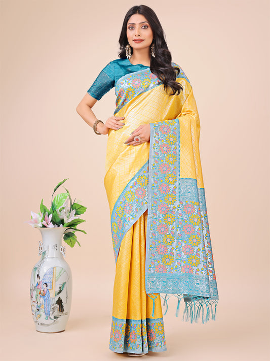 Premium Yellow & Sky Blue Floral Woven Lichi Silk Saree with Rich Pallu & Tassels