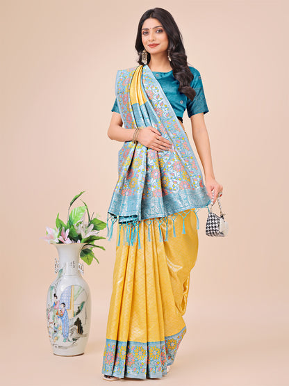 Premium Yellow & Sky Blue Floral Woven Lichi Silk Saree with Rich Pallu & Tassels