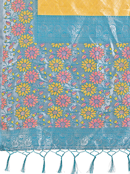 Premium Yellow & Sky Blue Floral Woven Lichi Silk Saree with Rich Pallu & Tassels