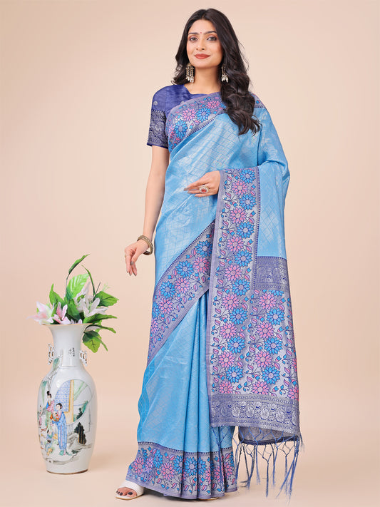 Premium Sky Blue Floral Woven Lichi Silk Saree with Rich Pallu & Tassels