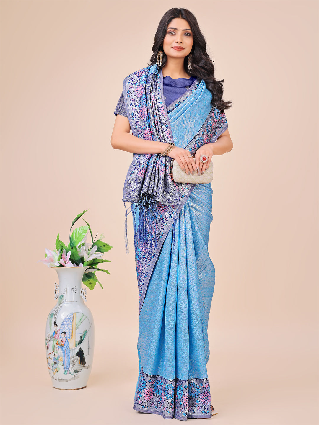 Premium Sky Blue Floral Woven Lichi Silk Saree with Rich Pallu & Tassels
