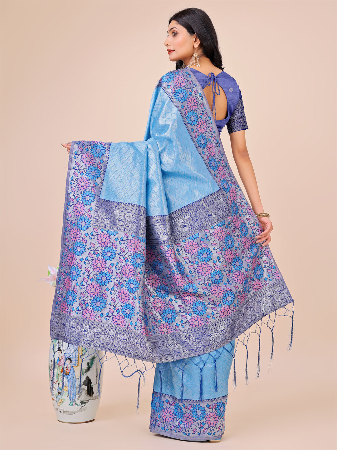 Premium Sky Blue Floral Woven Lichi Silk Saree with Rich Pallu & Tassels