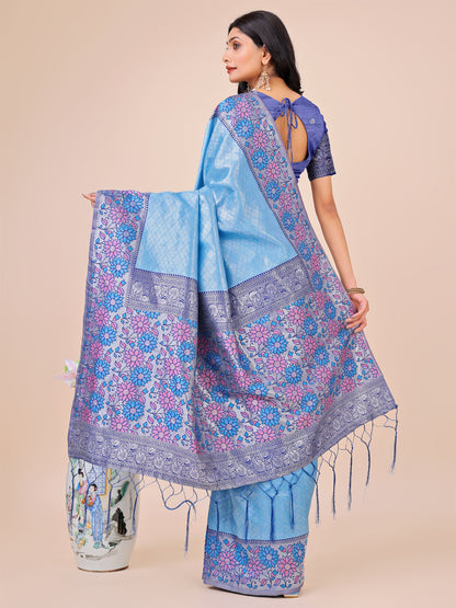 Premium Sky Blue Floral Woven Lichi Silk Saree with Rich Pallu & Tassels