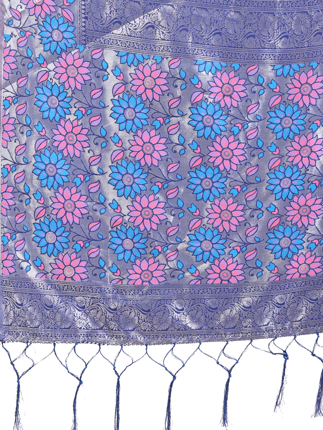Premium Sky Blue Floral Woven Lichi Silk Saree with Rich Pallu & Tassels