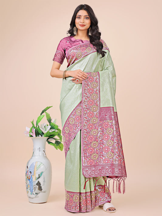 Premium Olive Green & Pink Floral Woven Lichi Silk Saree with Rich Pallu & Tassels