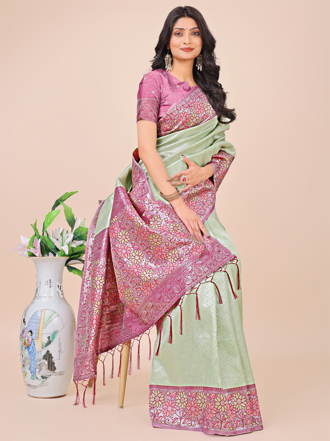 Premium Olive Green & Pink Floral Woven Lichi Silk Saree with Rich Pallu & Tassels