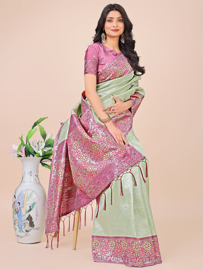 Premium Olive Green & Pink Floral Woven Lichi Silk Saree with Rich Pallu & Tassels