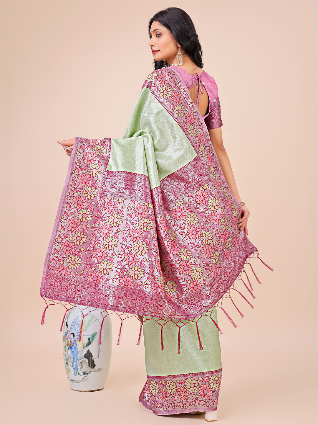 Premium Olive Green & Pink Floral Woven Lichi Silk Saree with Rich Pallu & Tassels