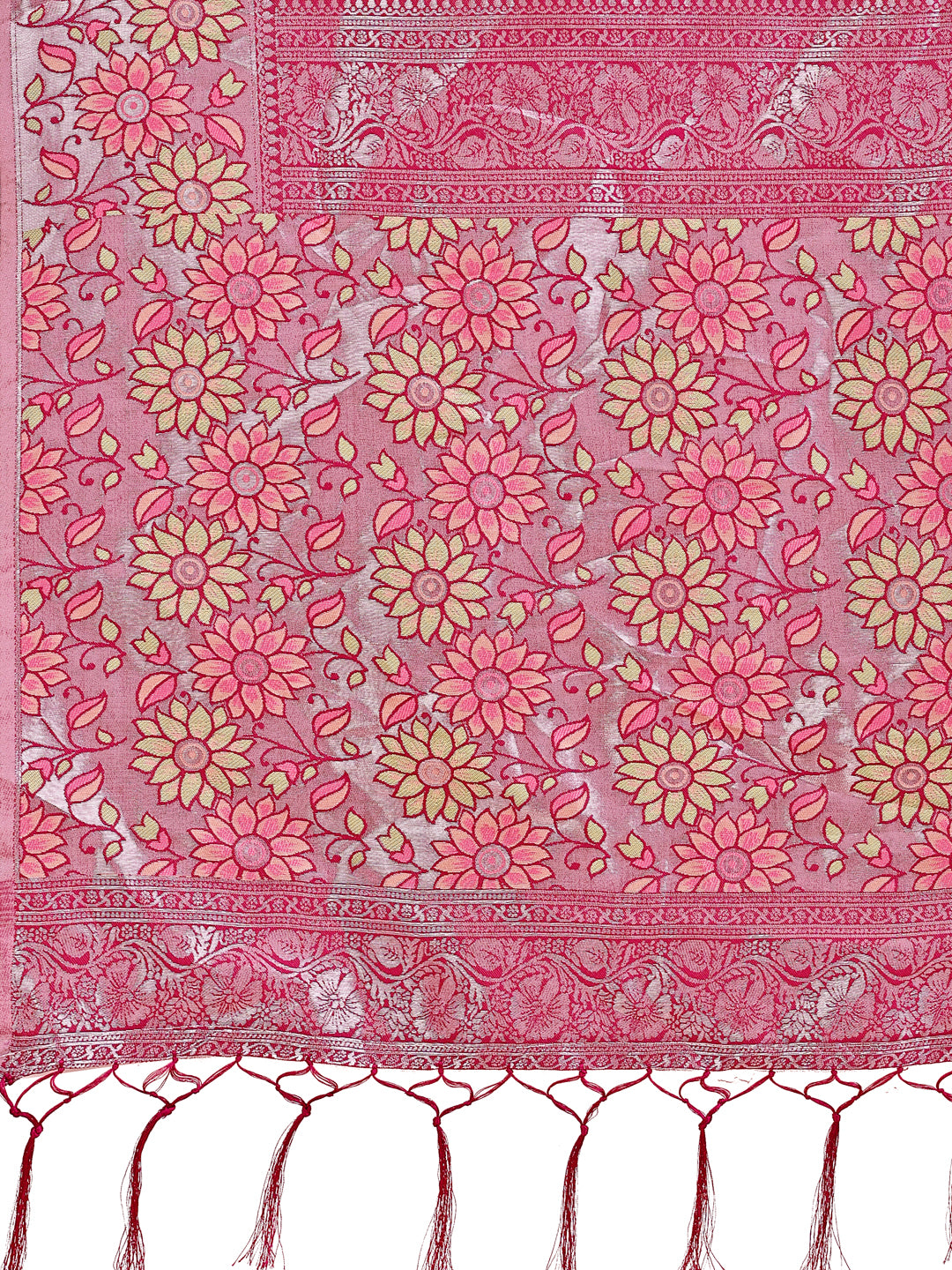 Premium Olive Green & Pink Floral Woven Lichi Silk Saree with Rich Pallu & Tassels