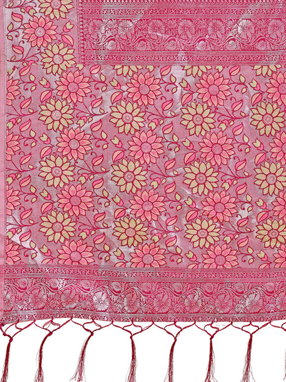 Premium Olive Green & Pink Floral Woven Lichi Silk Saree with Rich Pallu & Tassels