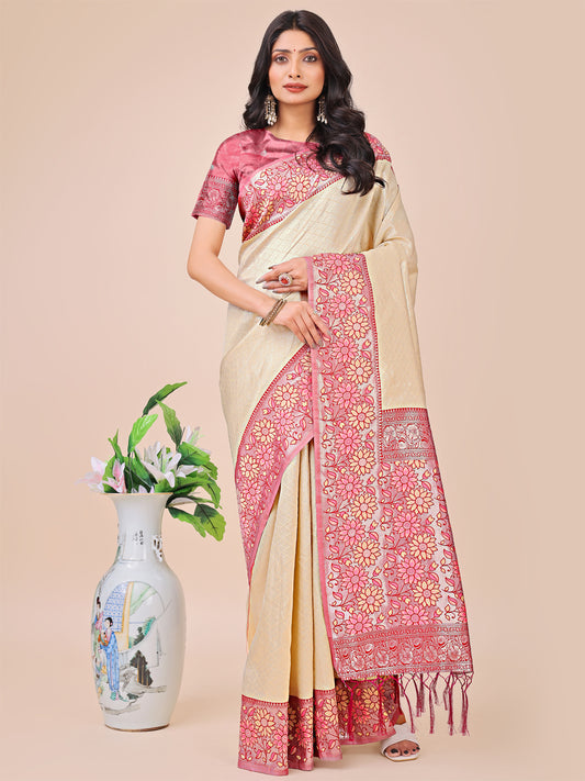 Premium Cream & Red Floral Woven Lichi Silk Saree with Rich Pallu & Tassels
