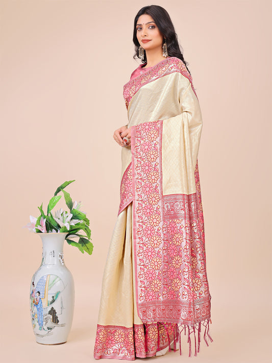 Premium Cream & Red Floral Woven Lichi Silk Saree with Rich Pallu & Tassels