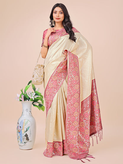 Premium Cream & Red Floral Woven Lichi Silk Saree with Rich Pallu & Tassels
