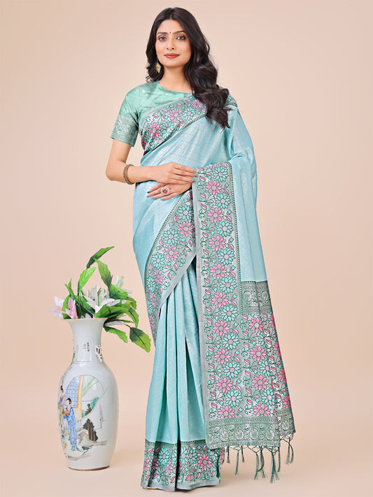 Premium Teal & Green Floral Woven Lichi Silk Saree with Rich Pallu & Tassels