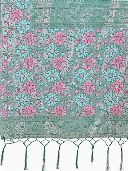 Premium Teal & Green Floral Woven Lichi Silk Saree with Rich Pallu & Tassels