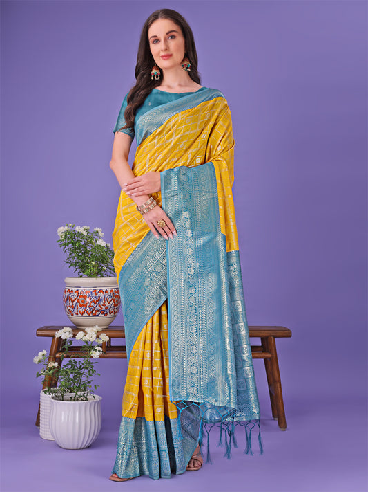 Astita Vibrant Yellow & Blue Lichi Silk Saree with Rich Woven Border and Contrast Blouse – Festive & Wedding Wear