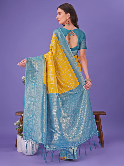 Astita Vibrant Yellow & Blue Lichi Silk Saree with Rich Woven Border and Contrast Blouse – Festive & Wedding Wear