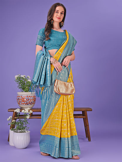 Astita Vibrant Yellow & Blue Lichi Silk Saree with Rich Woven Border and Contrast Blouse – Festive & Wedding Wear