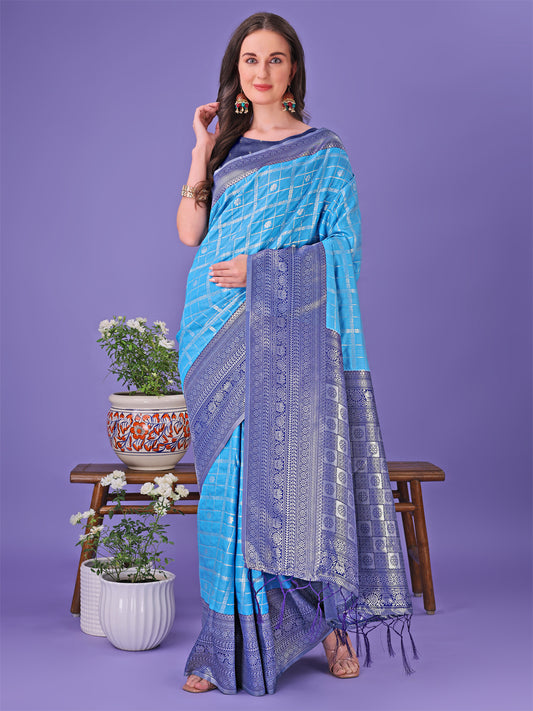 Astita Vibrant Sky Blue & Blue Lichi Silk Saree with Rich Woven Border and Contrast Blouse – Festive & Wedding Wear