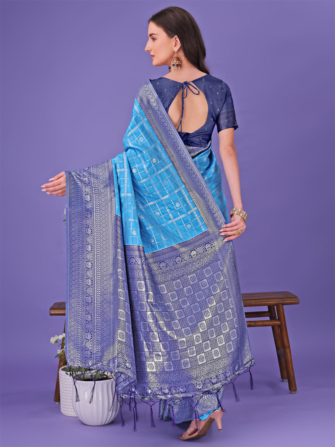Astita Vibrant Sky Blue & Blue Lichi Silk Saree with Rich Woven Border and Contrast Blouse – Festive & Wedding Wear