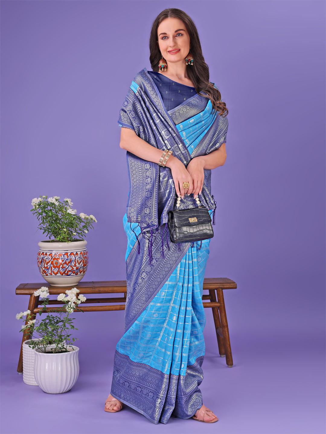 Astita Vibrant Sky Blue & Blue Lichi Silk Saree with Rich Woven Border and Contrast Blouse – Festive & Wedding Wear
