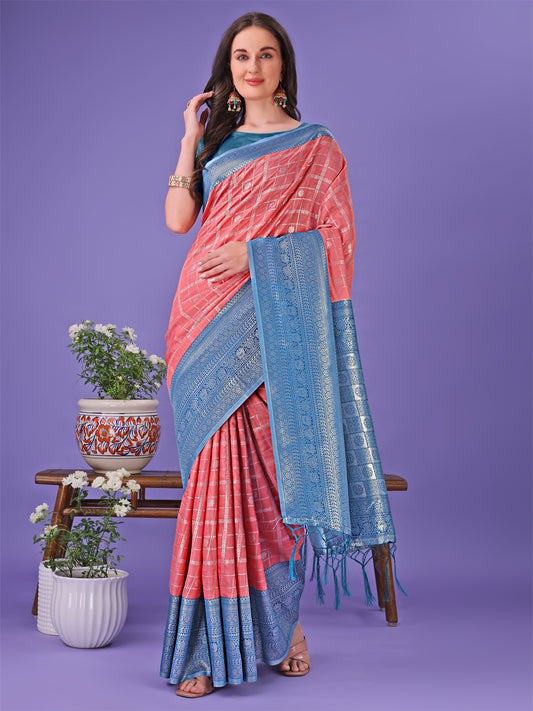Astita Vibrant Peach & Teal Lichi Silk Saree with Rich Woven Border and Contrast Blouse – Festive & Wedding Wear
