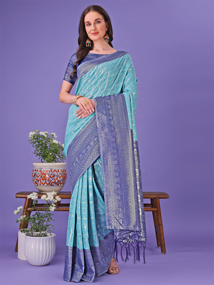 Astita Vibrant Sea Green & Blue Lichi Silk Saree with Rich Woven Border and Contrast Blouse – Festive & Wedding Wear