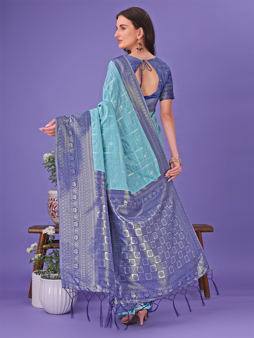 Astita Vibrant Sea Green & Blue Lichi Silk Saree with Rich Woven Border and Contrast Blouse – Festive & Wedding Wear