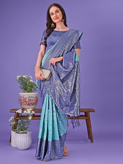 Astita Vibrant Sea Green & Blue Lichi Silk Saree with Rich Woven Border and Contrast Blouse – Festive & Wedding Wear