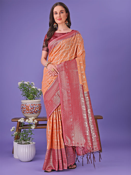 Astita Vibrant Orange & Red Lichi Silk Saree with Rich Woven Border and Contrast Blouse – Festive & Wedding Wear