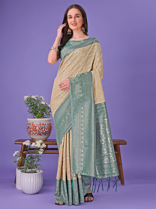Astita Vibrant Cream & Green Lichi Silk Saree with Rich Woven Border and Contrast Blouse – Festive & Wedding Wear