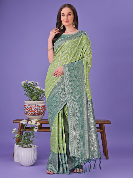 Astita Vibrant Light Green & Dark Green Lichi Silk Saree with Rich Woven Border and Contrast Blouse – Festive & Wedding Wear