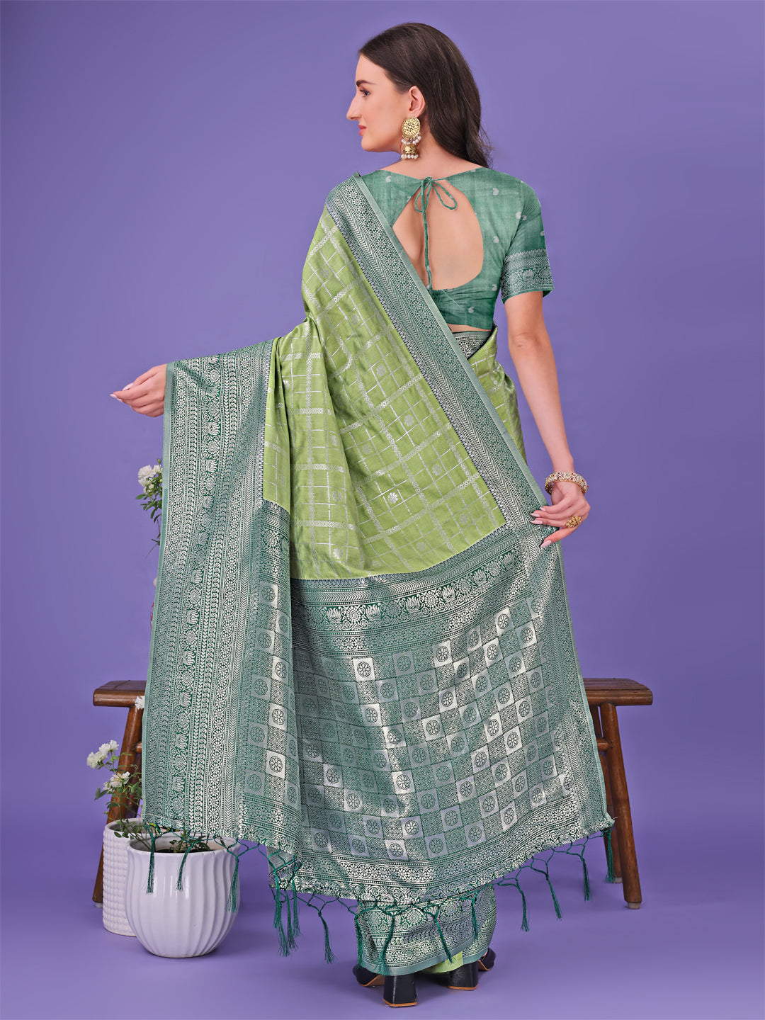 Astita Vibrant Light Green & Dark Green Lichi Silk Saree with Rich Woven Border and Contrast Blouse – Festive & Wedding Wear