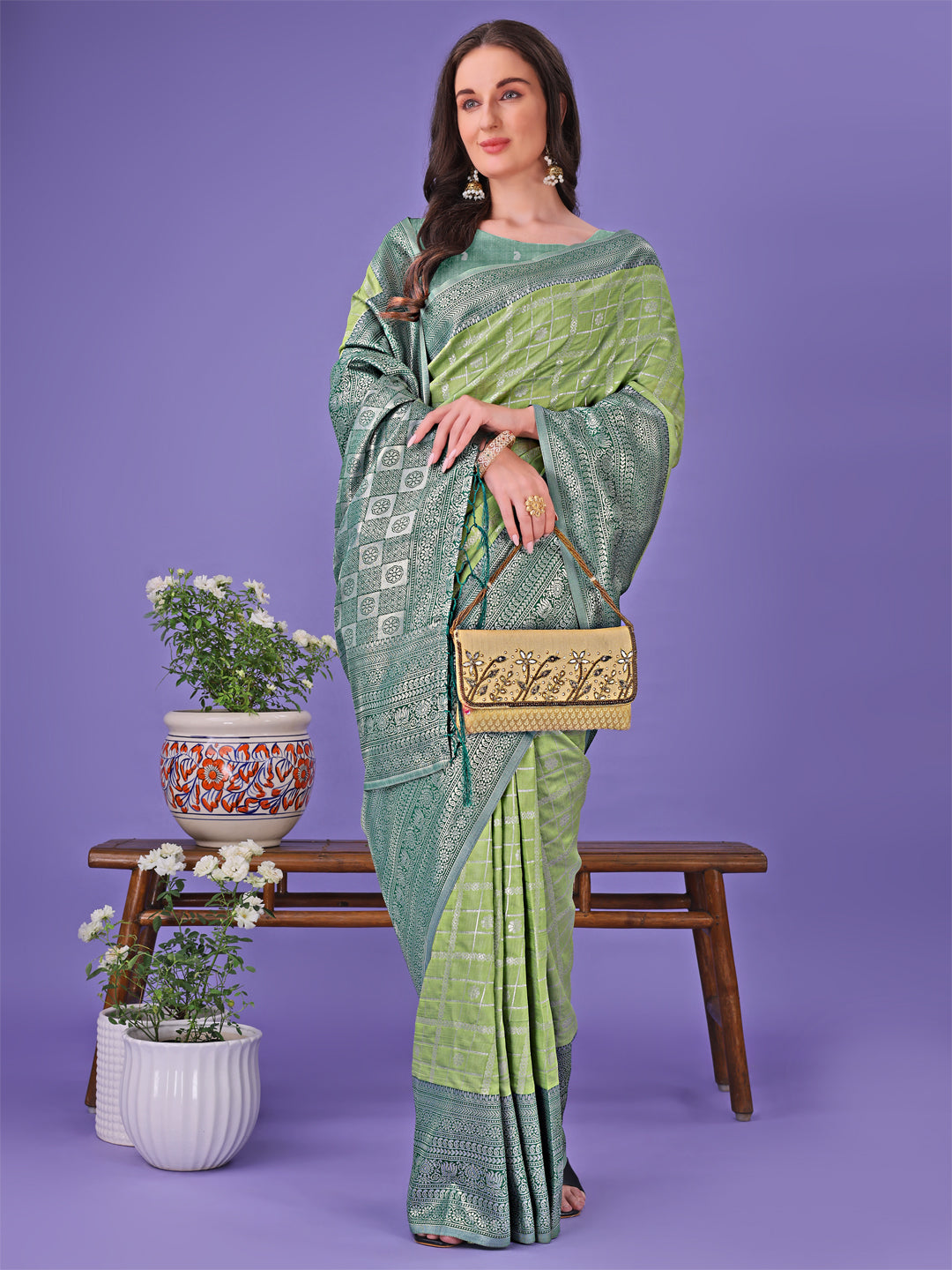 Astita Vibrant Light Green & Dark Green Lichi Silk Saree with Rich Woven Border and Contrast Blouse – Festive & Wedding Wear