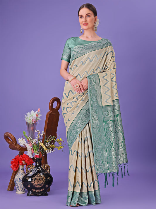 Astita Cream & Green Lichi Silk Saree with Rich Woven Border and Zigzag Pattern – Wedding & Festive Wear