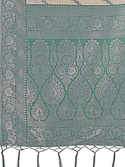 Astita Cream & Green Lichi Silk Saree with Rich Woven Border and Zigzag Pattern – Wedding & Festive Wear
