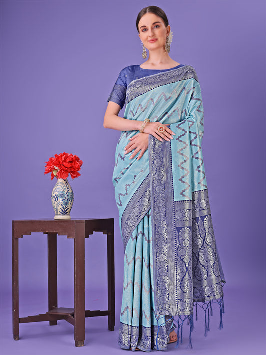 Astita Sky Blue & Green Lichi Silk Saree with Rich Woven Border and Zigzag Pattern – Wedding & Festive Wear