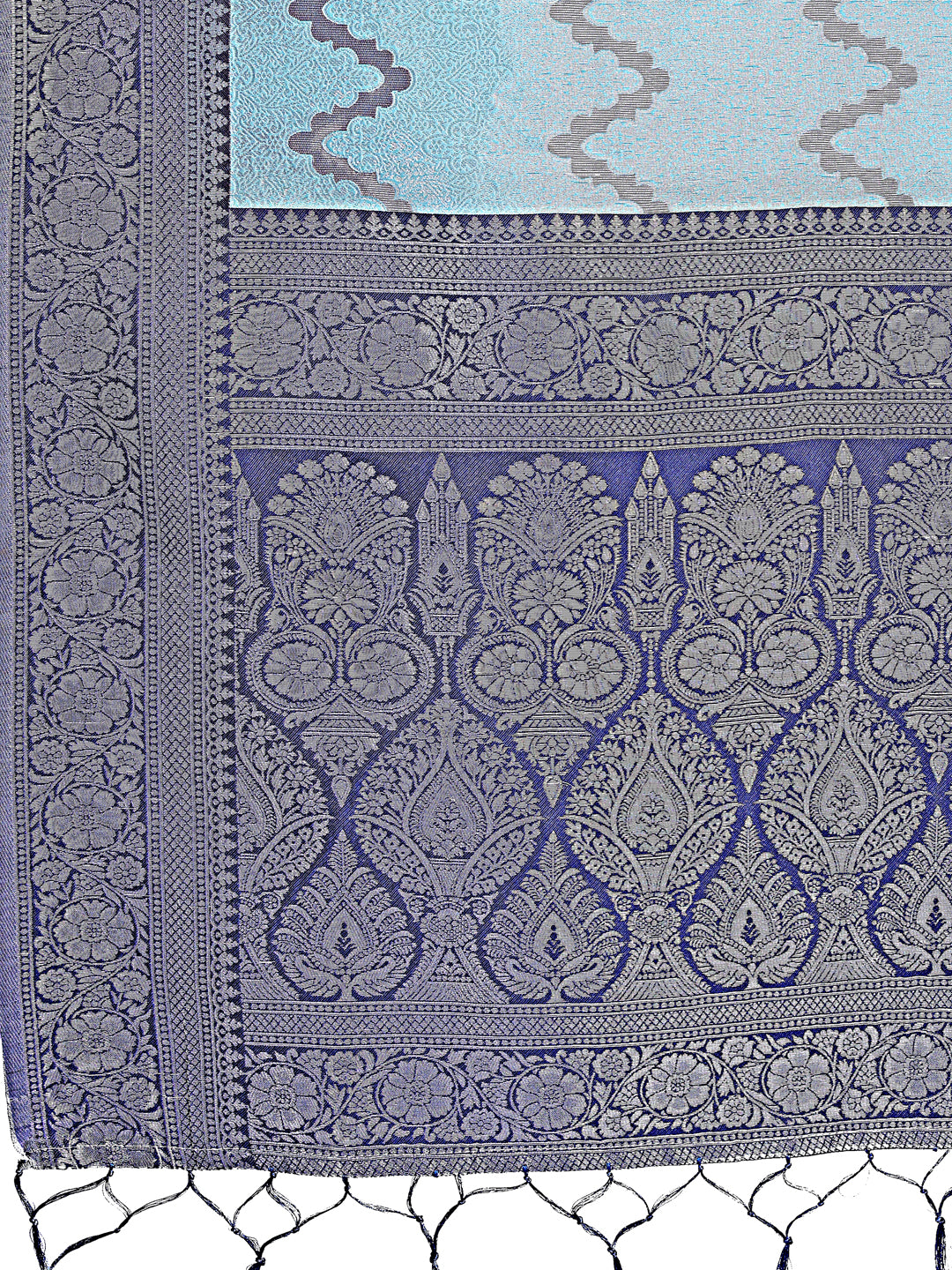Astita Sky Blue & Green Lichi Silk Saree with Rich Woven Border and Zigzag Pattern – Wedding & Festive Wear