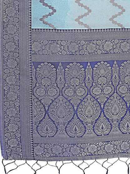 Astita Sky Blue & Green Lichi Silk Saree with Rich Woven Border and Zigzag Pattern – Wedding & Festive Wear