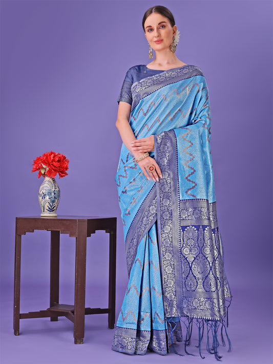 Astita Blue & Navy Blue Lichi Silk Saree with Rich Woven Border and Zigzag Pattern – Wedding & Festive Wear