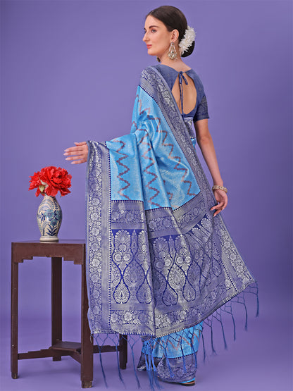 Astita Blue & Navy Blue Lichi Silk Saree with Rich Woven Border and Zigzag Pattern – Wedding & Festive Wear