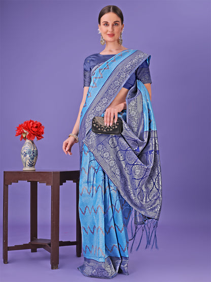 Astita Blue & Navy Blue Lichi Silk Saree with Rich Woven Border and Zigzag Pattern – Wedding & Festive Wear