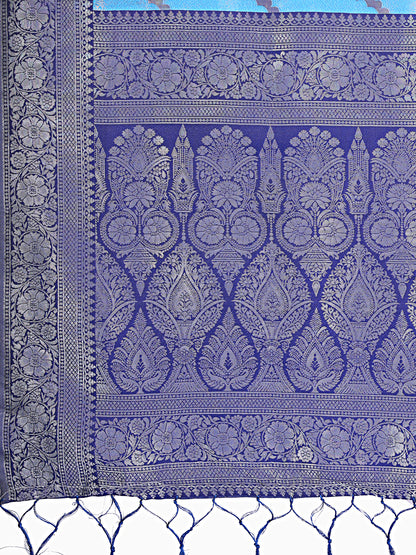 Astita Blue & Navy Blue Lichi Silk Saree with Rich Woven Border and Zigzag Pattern – Wedding & Festive Wear