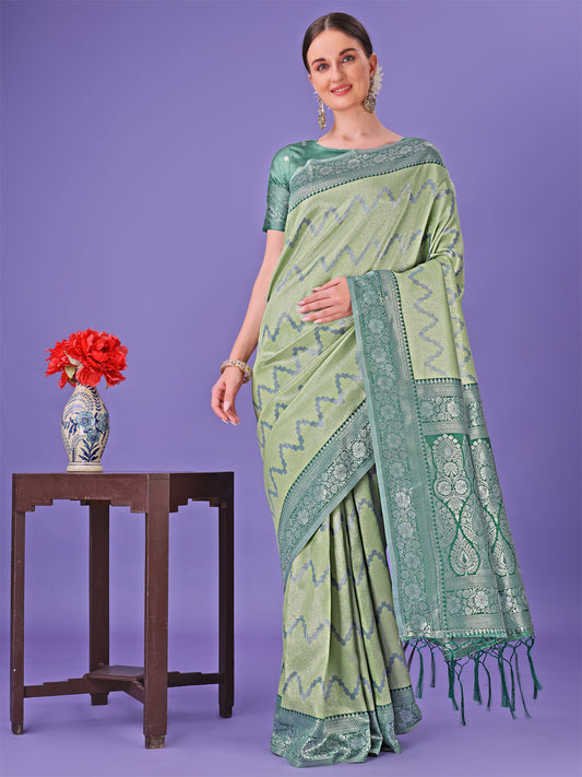 Astita Light Green & Green Lichi Silk Saree with Rich Woven Border and Zigzag Pattern – Wedding & Festive Wear