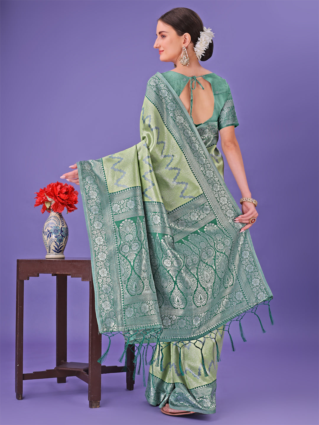 Astita Light Green & Green Lichi Silk Saree with Rich Woven Border and Zigzag Pattern – Wedding & Festive Wear