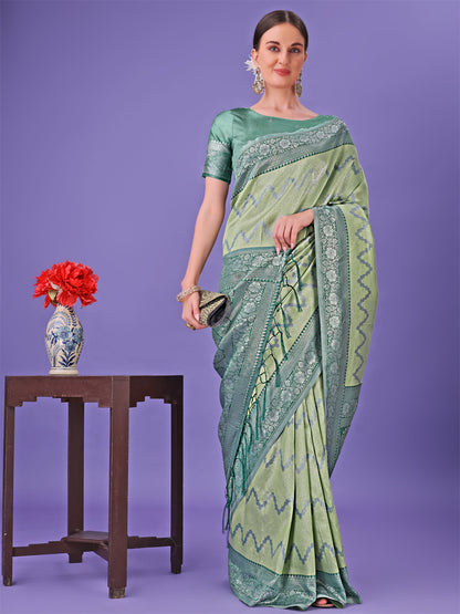 Astita Light Green & Green Lichi Silk Saree with Rich Woven Border and Zigzag Pattern – Wedding & Festive Wear
